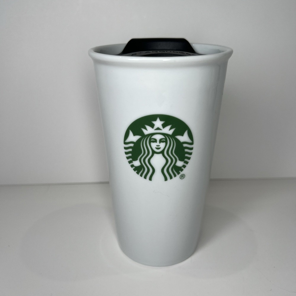 Starbucks White Ceramic Tall Coffee Travel Cup Mug Tumbler 10 oz w/ Lid Mermaid - Picture 1 of 6